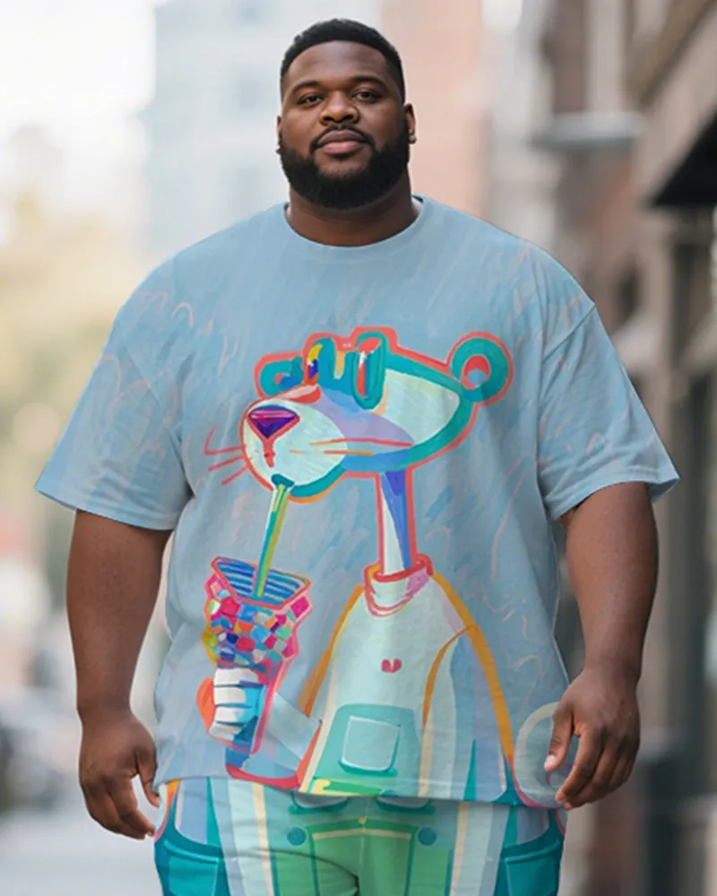 Men's Plus Size Blue Graffiti Milk Tea Leopard Print Short-sleeved T-shirt Shorts Suit sold by Biggmans product image thumbnail 2
