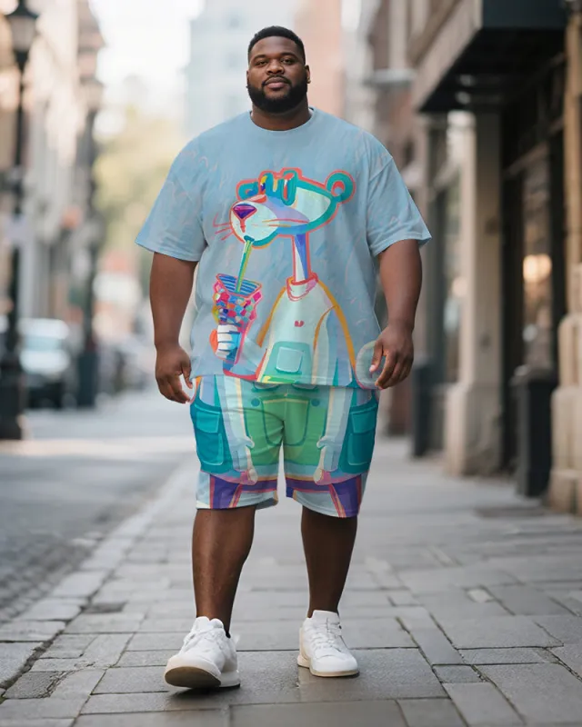 Men's Plus Size Blue Graffiti Milk Tea Leopard Print Short-sleeved T-shirt Shorts Suit sold by Biggmans