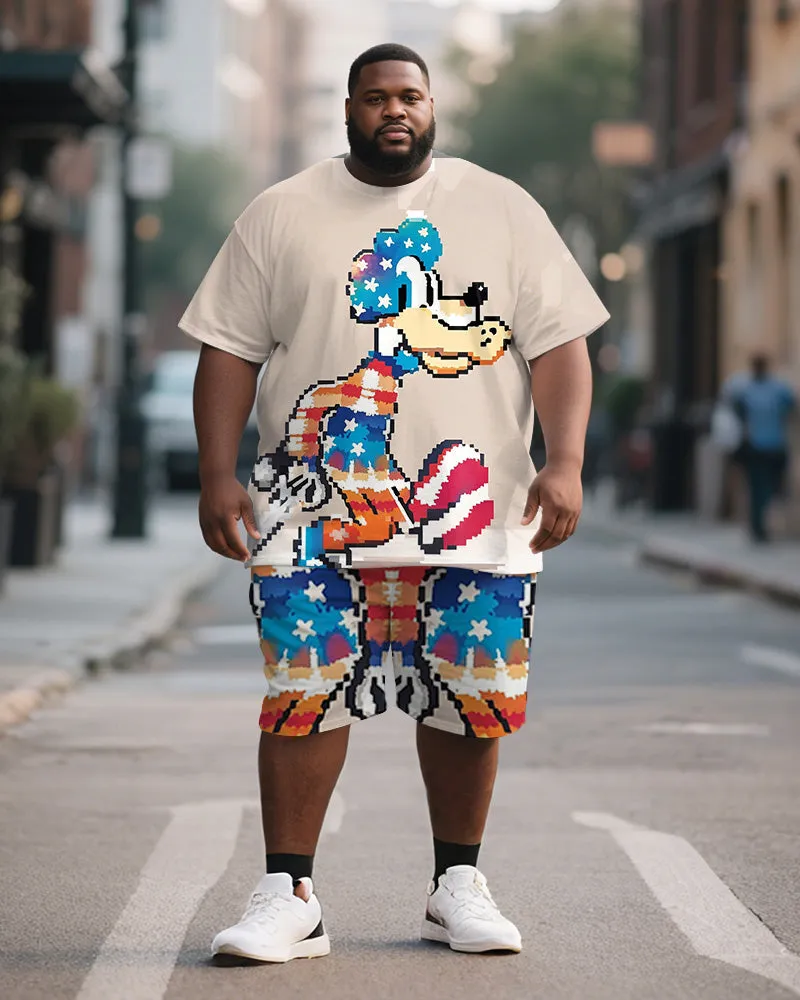 Men's Plus Size Apricot Pixel American Flag Cartoon Dog Print Short Sleeve T-Shirt Shorts Suit sold by Biggmans