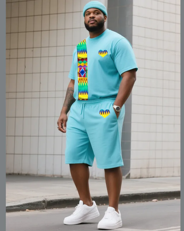 Men's Plus Size Tiffany Blue Creative Stripe Print T-Shirt Shorts Suit sold by Biggmans