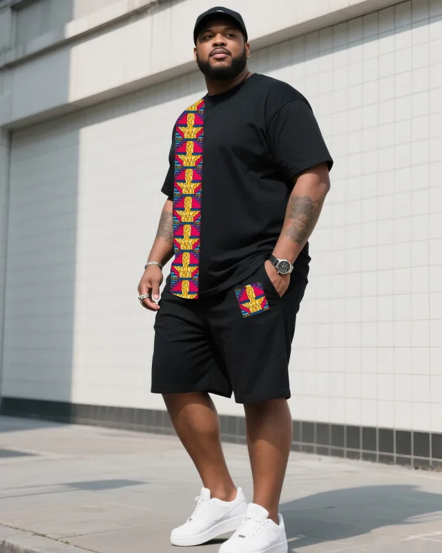 Men's Plus Size Black Creative Stripe Print T-Shirt Shorts Suit sold by Biggmans