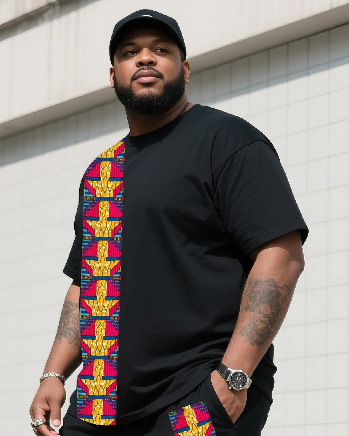 Men's Plus Size Black Creative Stripe Print T-Shirt Shorts Suit sold by Biggmans product image thumbnail 2