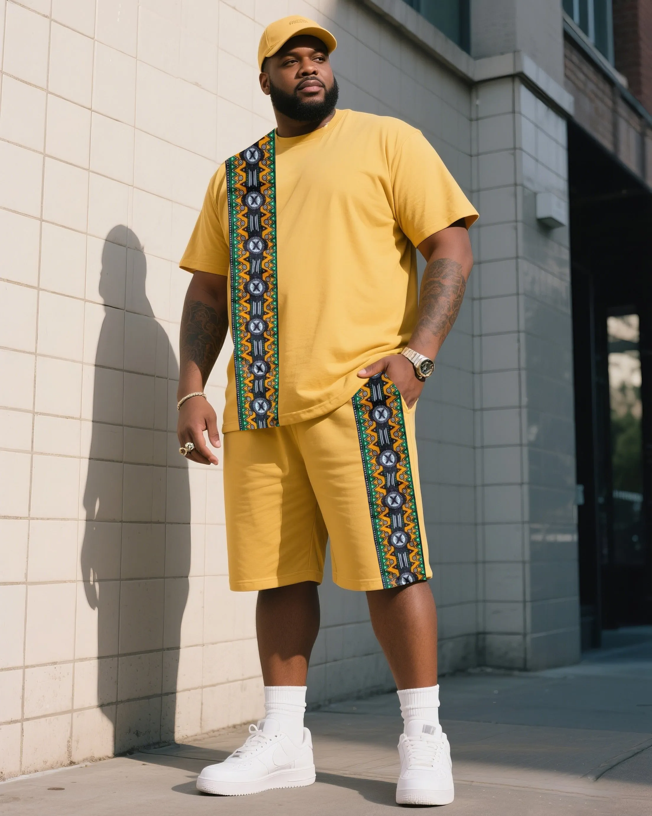 Men's Plus Size Creative Stripe Print T-Shirt Shorts Suit sold by Biggmans