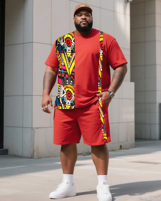 Men's Plus Size Chinese Red Creative Stripe African Figure Print T-Shirt Shorts Suit sold by Biggmans