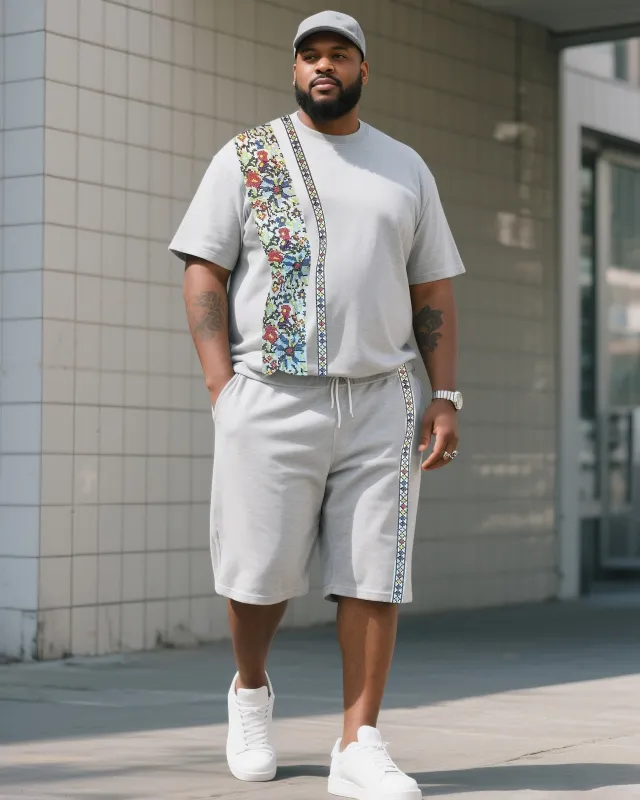 Men's Plus Size Fashion Grey Creative Stripe Print T-Shirt Shorts Suit sold by Biggmans