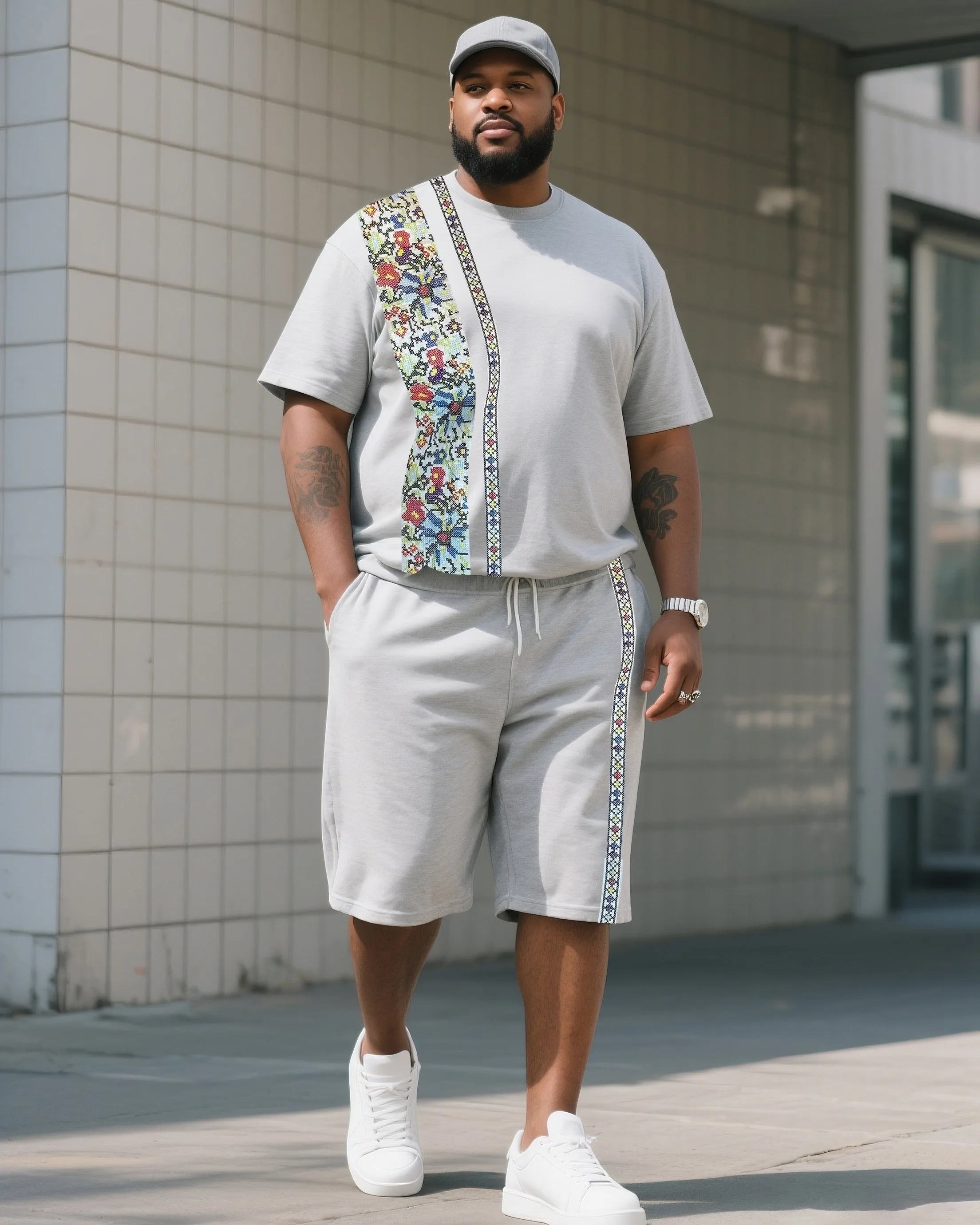 Men's Plus Size Fashion Grey Creative Stripe Print T-Shirt Shorts Suit sold by Biggmans