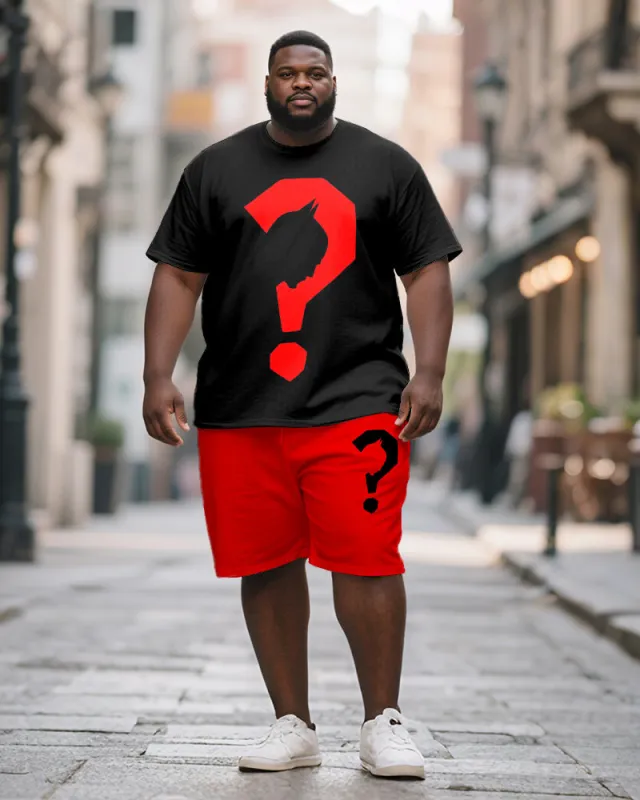 Men's Plus Size Black Red Question Mark Printed Short Sleeve T-shirt Shorts Suit sold by Biggmans