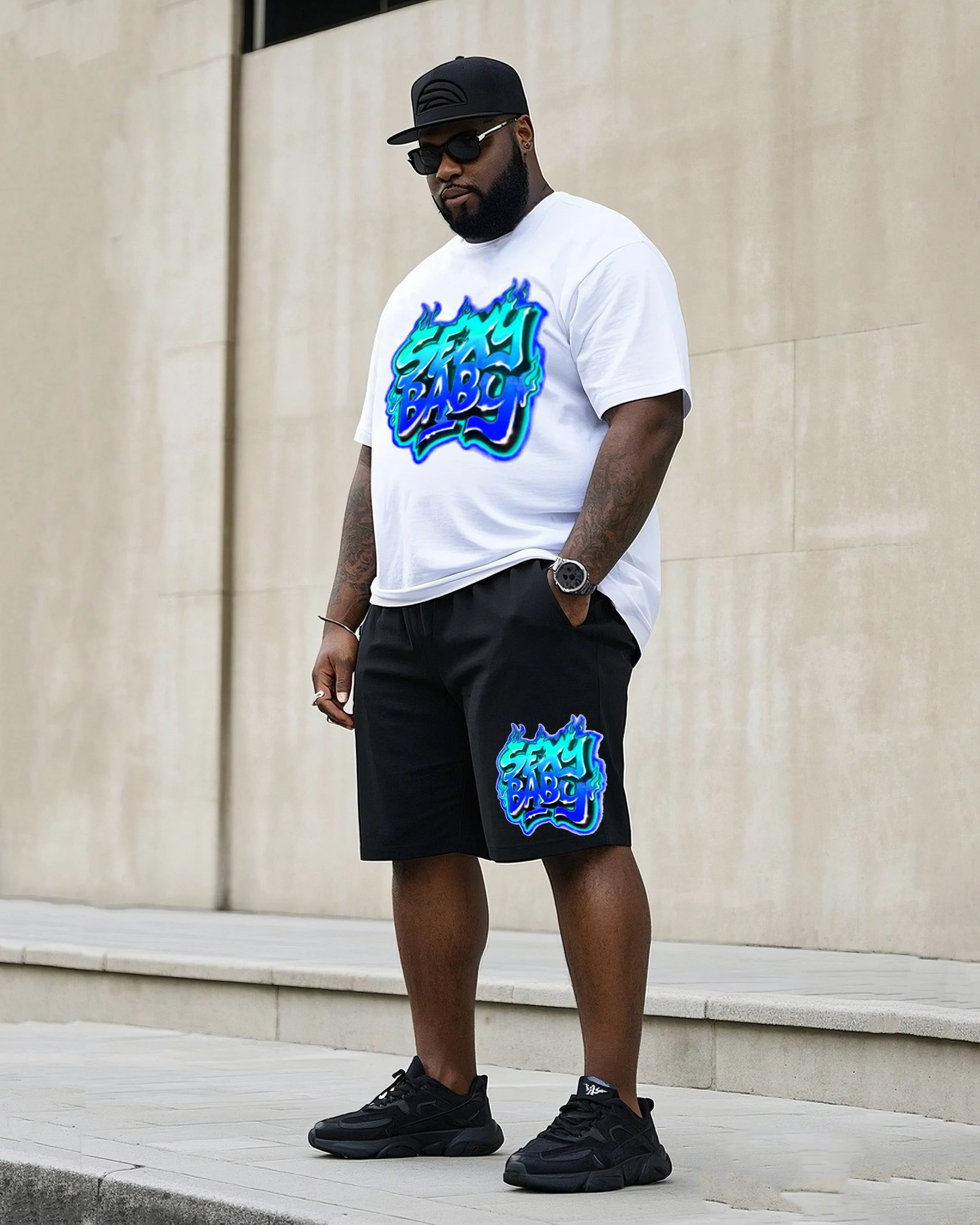 Big Man's Street Fashion Handmade Creative Personality Graffiti Short Sleeve T-shirt Shorts Suit sold by Biggmans