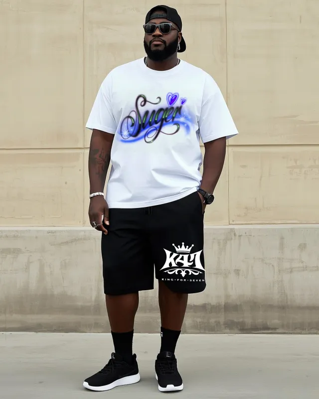 Big Man Street Fashion Handmade Unique Love Art Personality Graffiti Short Sleeve T-Shirt Shorts Suit sold by Biggmans