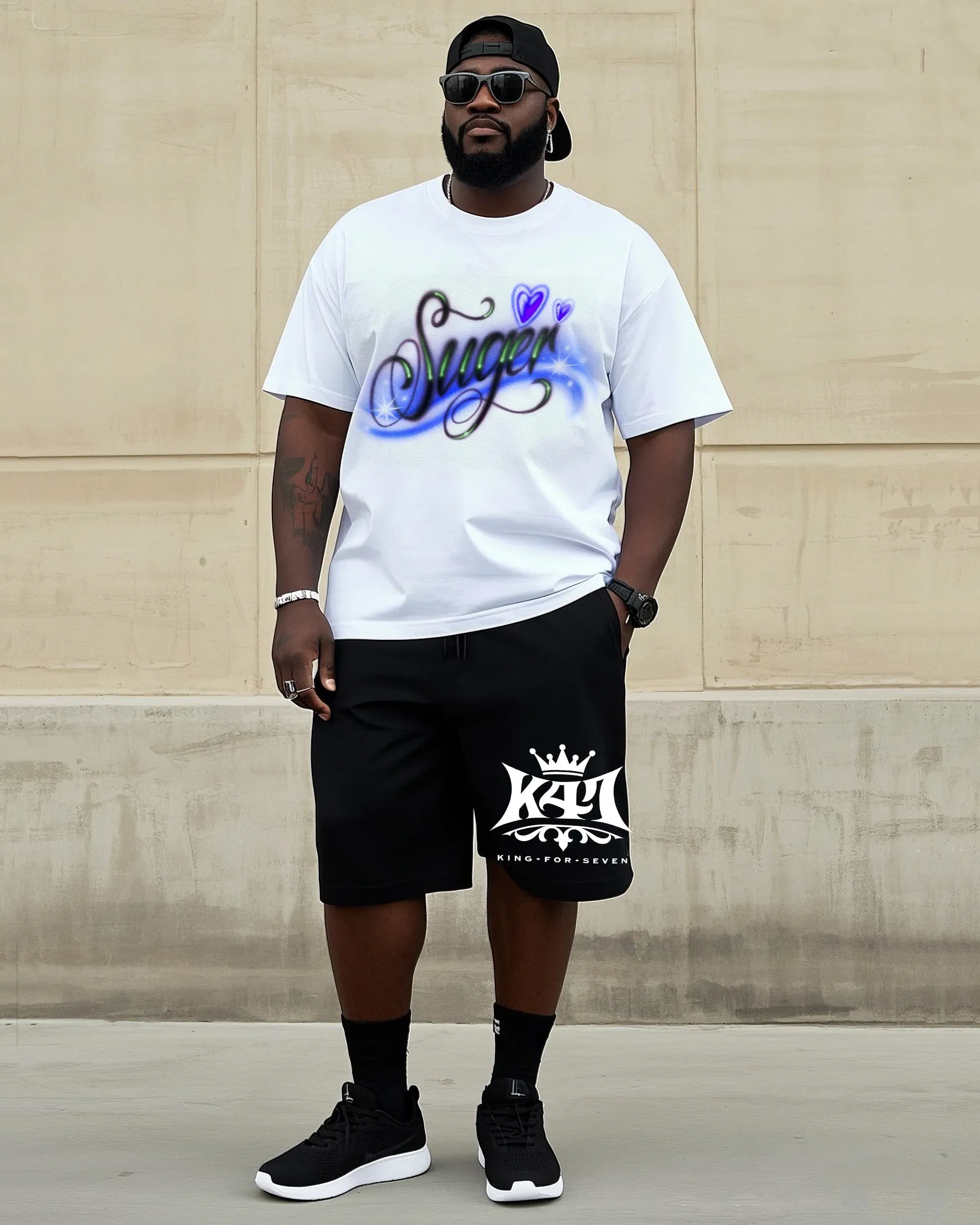 Big Man Street Fashion Handmade Unique Love Art Personality Graffiti Short Sleeve T-Shirt Shorts Suit sold by Biggmans