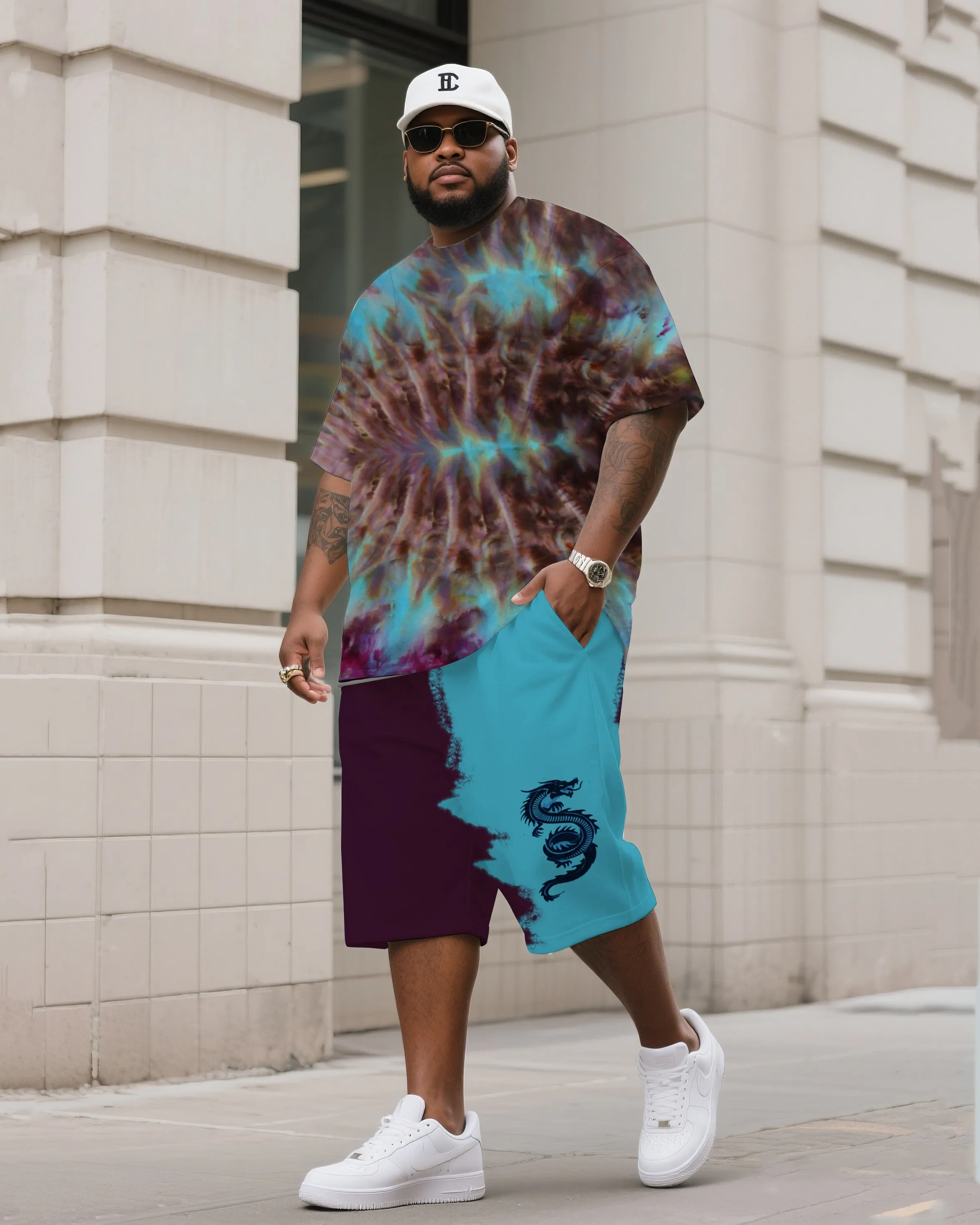 Men's Plus Size Rich Razzin Rolled Ice Dye Tie-Dye Crewneck T-Shirt Shorts Suit sold by Biggmans