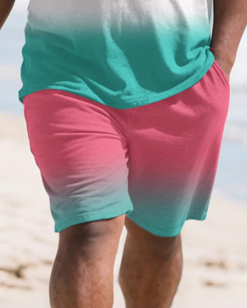 Men's Plus Size Hawaiian Pink Gradient Coconut Tree Print Round Neck Short Sleeve T-Shirt Shorts Suit sold by Biggmans product image thumbnail 3