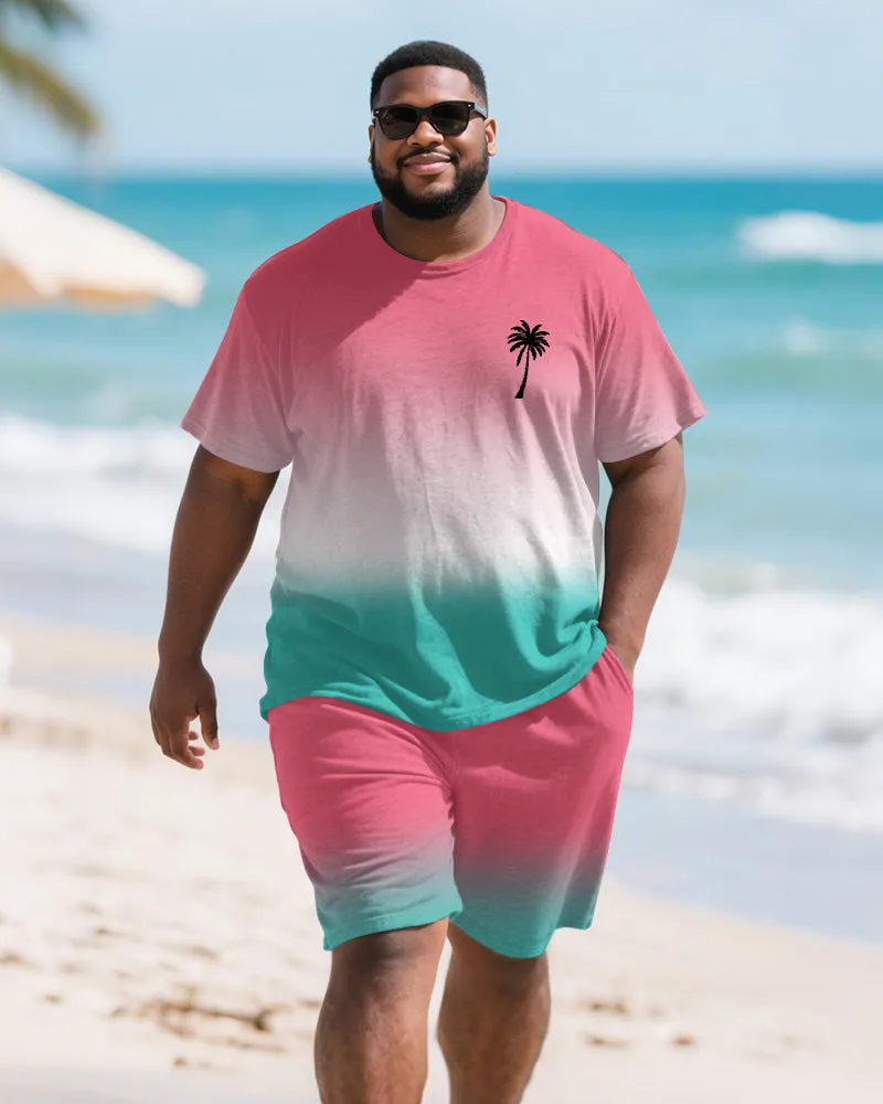 Men's Plus Size Hawaiian Pink Gradient Coconut Tree Print Round Neck Short Sleeve T-Shirt Shorts Suit sold by Biggmans