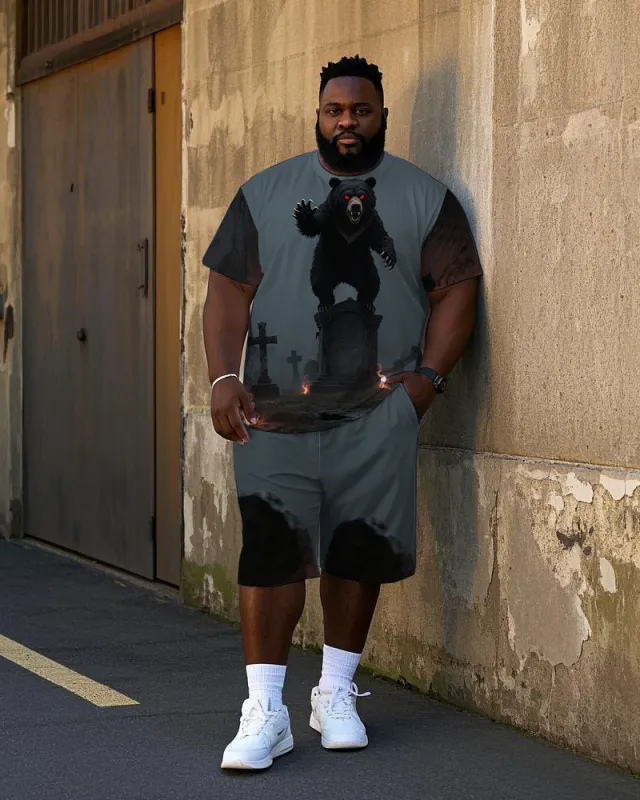 Big Men's Bear In Cemetery Gothic Printed Short Sleeve T-Shirt Shorts 2-piece Set sold by Biggmans