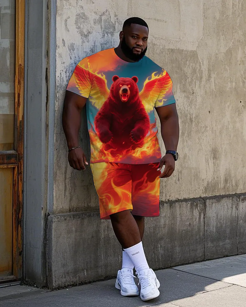 Big Men's Angry Fire Bear Printed Street Fashion Short Sleeve T-Shirt Shorts 2-piece Set sold by Biggmans