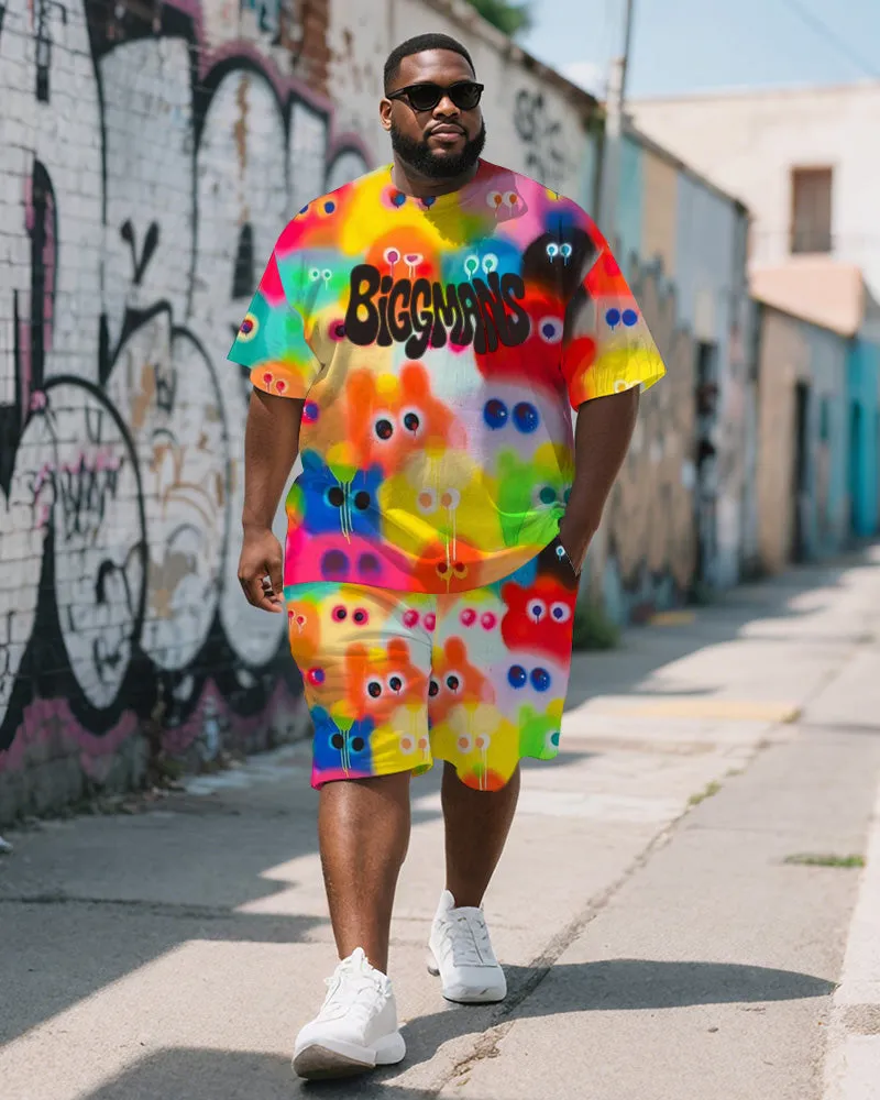 Men's Plus Size Street Graffiti Color Fun Expression BIGGMANS Print Round Neck Short Sleeve T-Shirt Shorts Suit sold by Biggmans