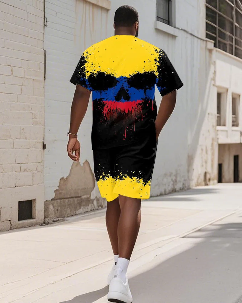 Men's Plus Size Street Graffiti Yellow Colorblock Skull Print Round Neck Short Sleeve T-Shirt Shorts Suit sold by Biggmans product image thumbnail 4