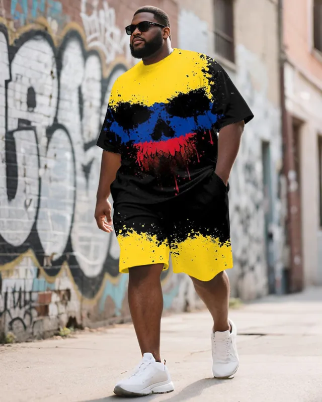 Men's Plus Size Street Graffiti Yellow Colorblock Skull Print Round Neck Short Sleeve T-Shirt Shorts Suit sold by Biggmans