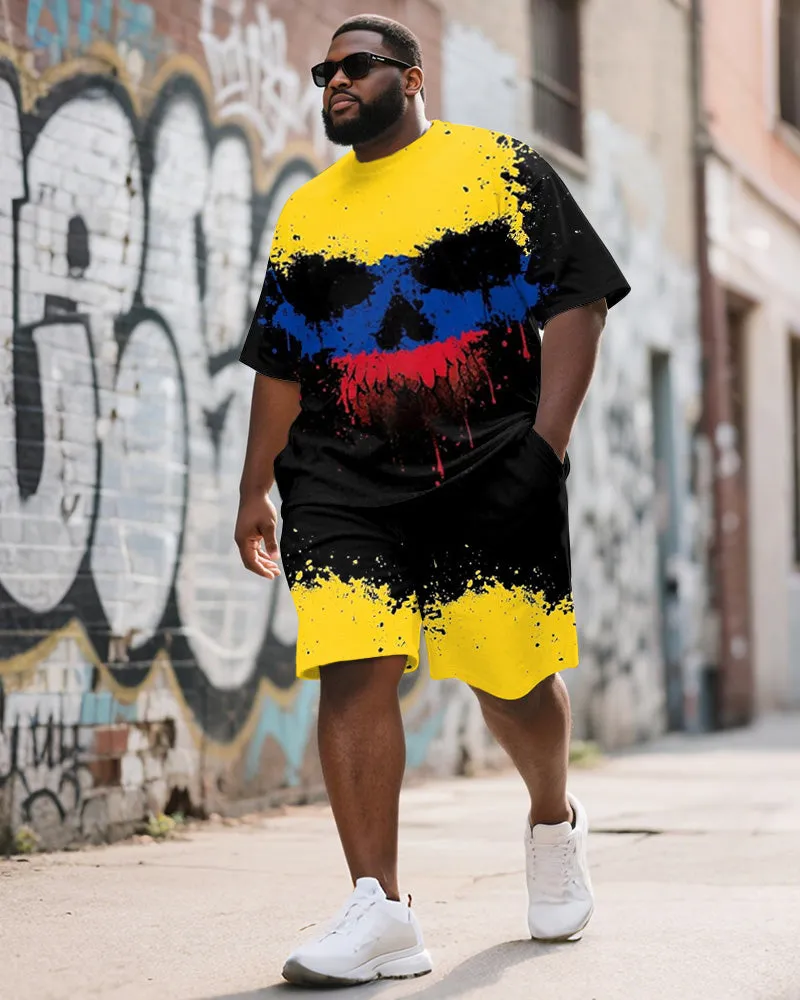 Men's Plus Size Street Graffiti Yellow Colorblock Skull Print Round Neck Short Sleeve T-Shirt Shorts Suit sold by Biggmans