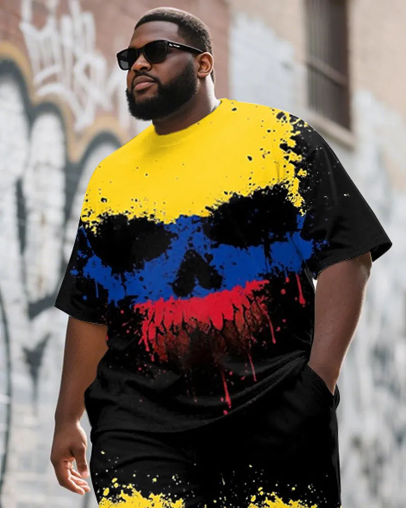 Men's Plus Size Street Graffiti Yellow Colorblock Skull Print Round Neck Short Sleeve T-Shirt Shorts Suit sold by Biggmans product image thumbnail 2