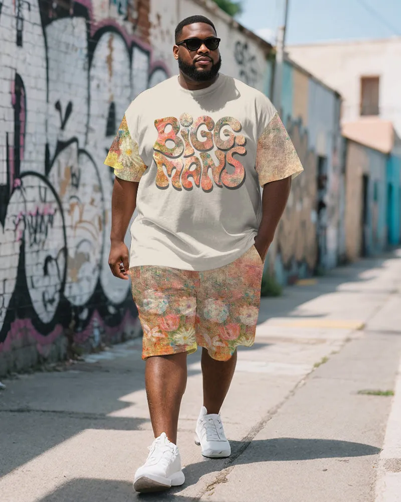 Men's Plus Size Street Graffiti Floral Alphabet Print Round Neck Short Sleeve T-Shirt Shorts Suit sold by Biggmans