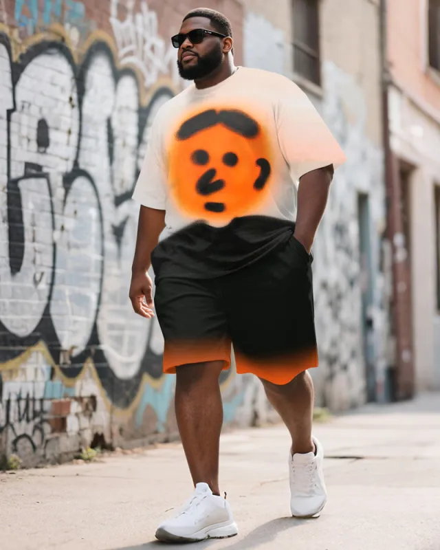 Men's Plus Size Street Graffiti Orange Fun Expression Print Round Neck Short Sleeve T-Shirt Shorts Suit sold by Biggmans