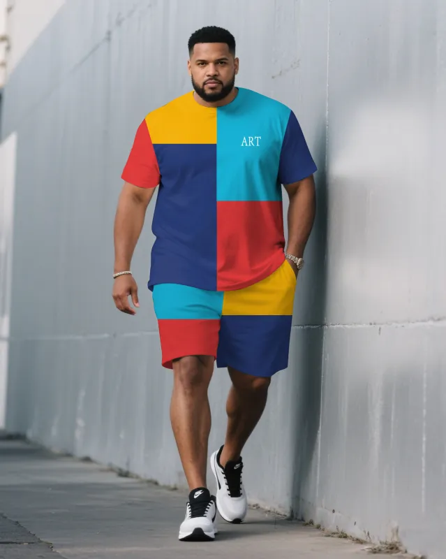 Men's Plus Size Blue & Yellow & Red Fashion Large Color Block Color Block Chest Small Label Printed Round Neck Short Sleeve T-Shirt Shorts Suit sold by Biggmans