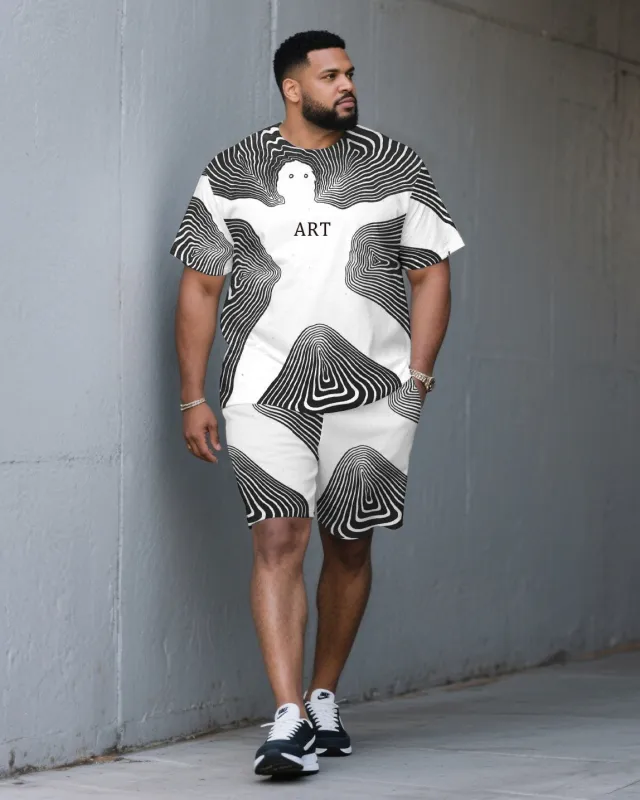 Men's Plus Size Irregular Line Human Shape Outline Fashion Round Neck Short Sleeve T-shirt Shorts Suit sold by Biggmans
