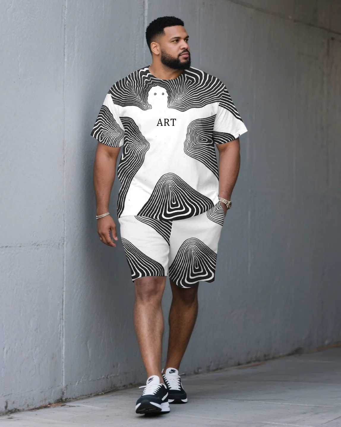 Men's Plus Size Irregular Line Human Shape Outline Fashion Round Neck Short Sleeve T-shirt Shorts Suit sold by Biggmans