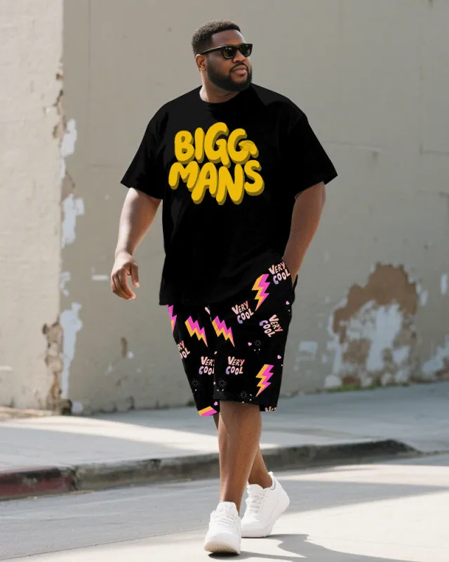 Men's Plus Size Street Graffiti Black Fun BIGGMANS Letter Print Round Neck Short Sleeve T-Shirt Shorts Suit sold by Biggmans