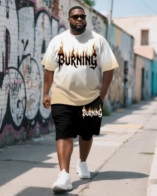 Men's Plus Size Yellow Gradient Burning Letter Print Round Neck Short Sleeve T-shirt Shorts Suit sold by Biggmans
