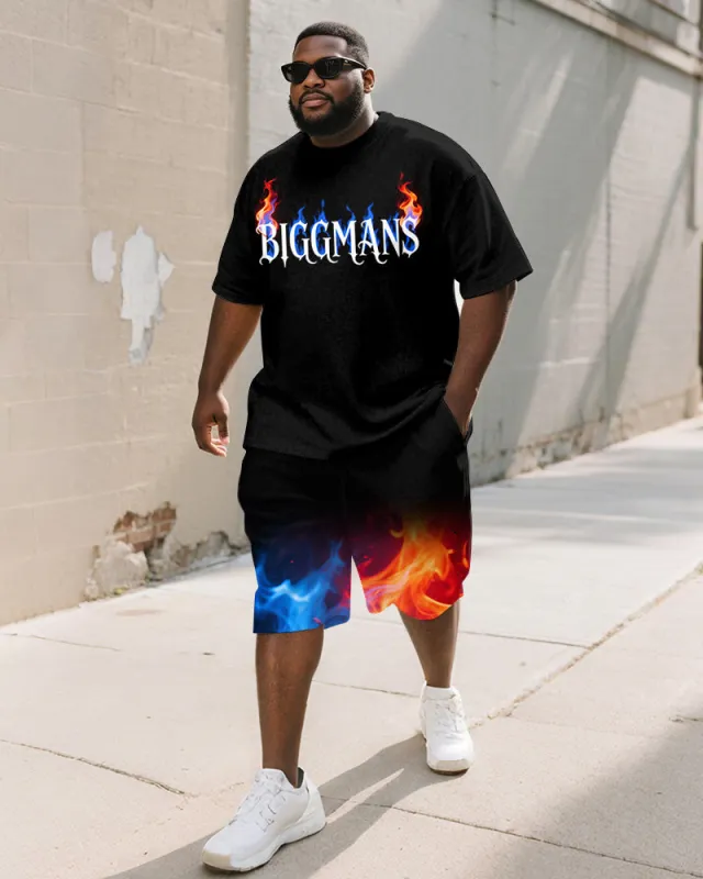 Men's Plus Size Flame Gradient BIGGMANS Letter Print Round Neck Short Sleeve T-shirt Shorts Suit sold by Biggmans