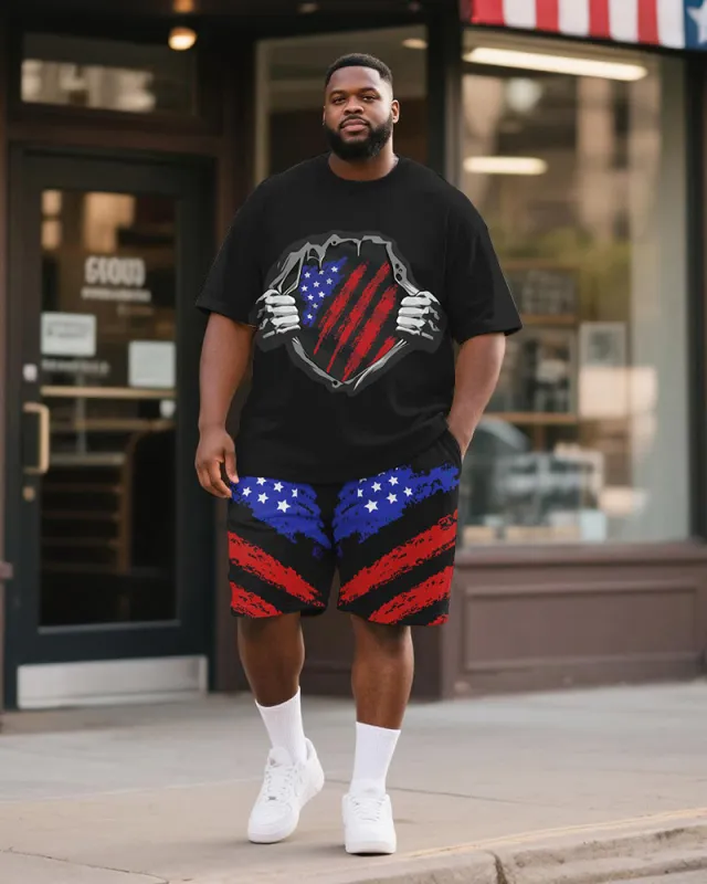 Men's Plus Size Independence Day American Flag Print Round Neck Short Sleeve T-Shirt Shorts Suit sold by Biggmans