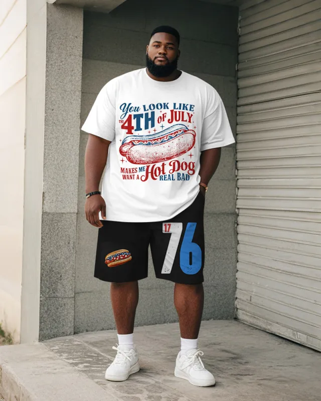 Men's Plus Size Independence Day Hot Dog Letter Print Round Neck Short Sleeve T-Shirt Shorts Suit sold by Biggmans