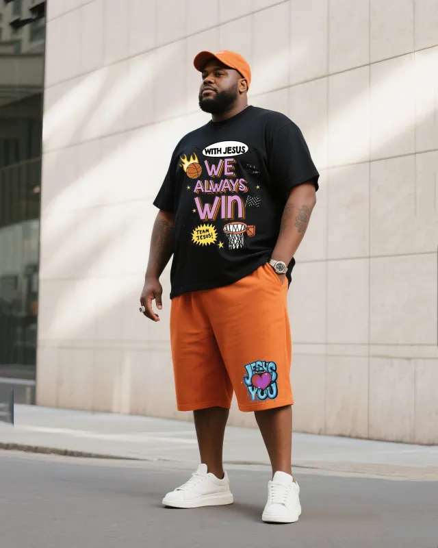 Big Men's Daily Leisure Religious Design Short Sleeve T-Shirt Shorts Suit sold by Biggmans