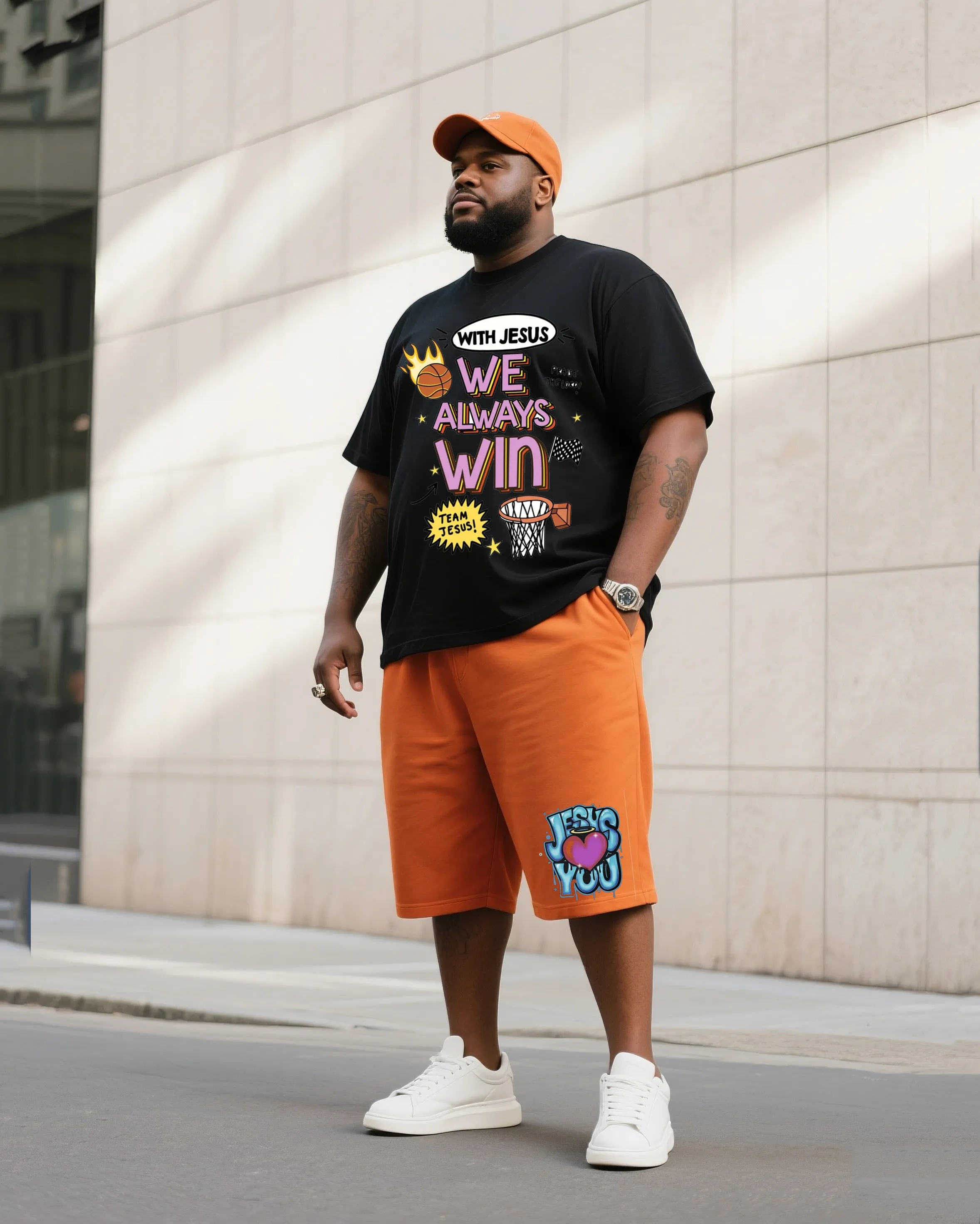 Big Men's Daily Leisure Religious Design Short Sleeve T-Shirt Shorts Suit sold by Biggmans