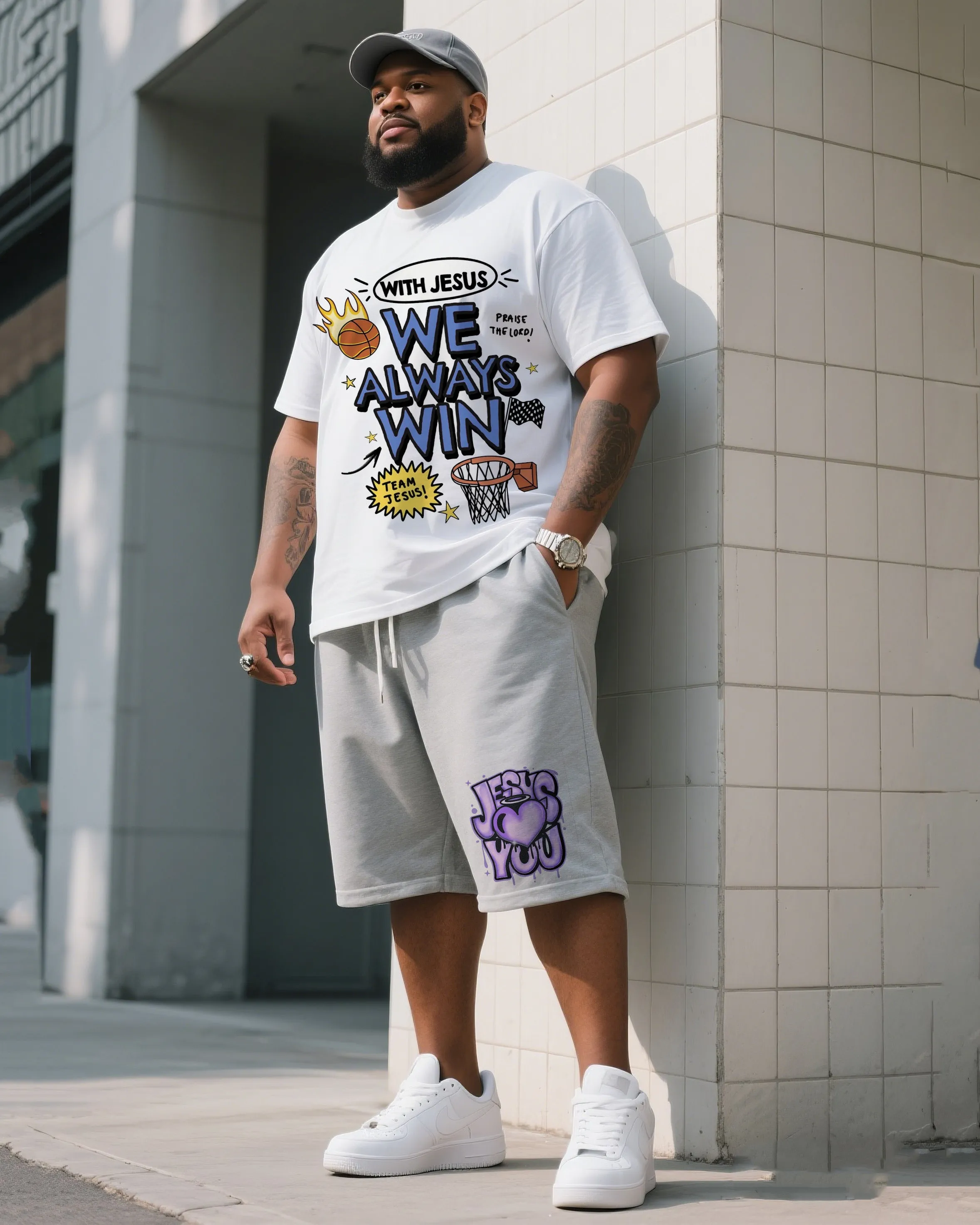 Big Men's Daily Leisure Religious Design Short Sleeve T-Shirt Shorts Suit sold by Biggmans product image thumbnail 2