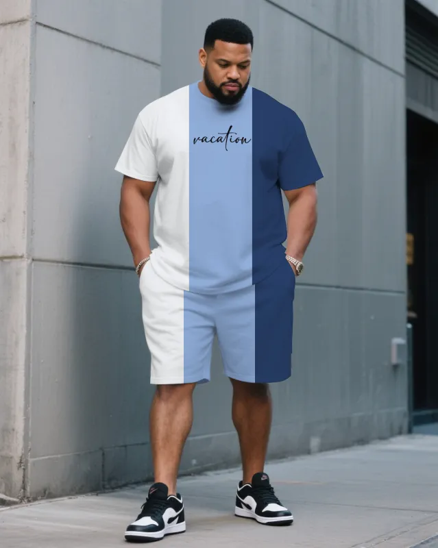 Men's Plus Size White & Blue Colorblock Chest Holiday Slogan Printed Round Neck Short-sleeved T-shirt Half-length Pants Suit sold by Biggmans