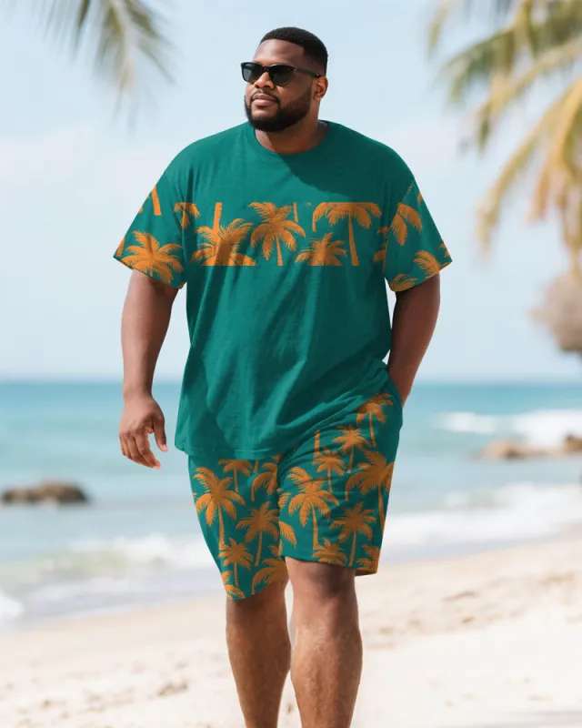 Men's Plus Size Green Color Contrast Coconut Print Round Neck Short Sleeve T-Shirt Shorts Suit made by Biggmans
