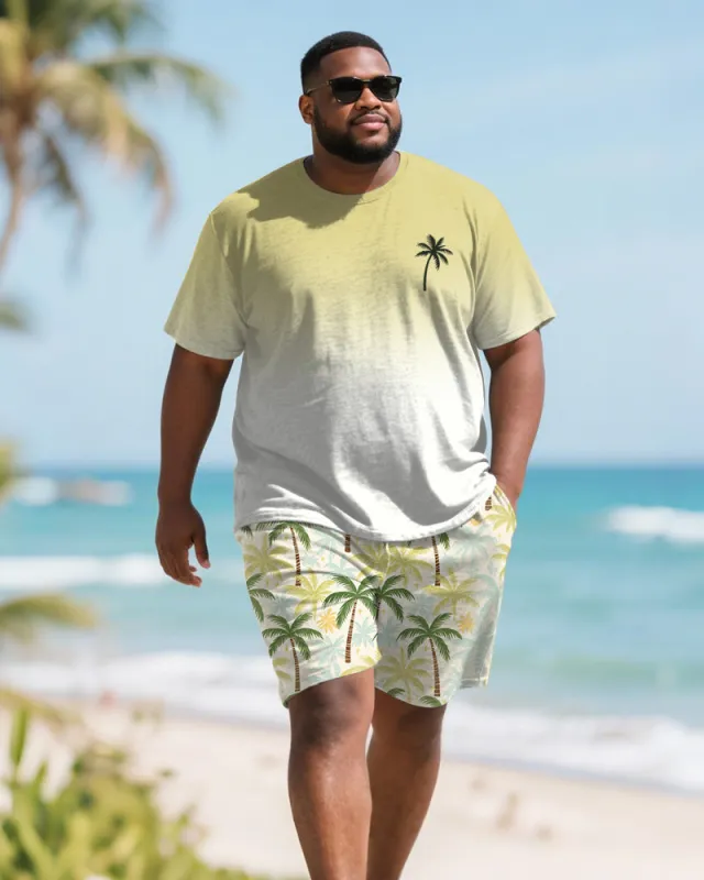 Men's Plus Size Green Coconut Tree Gradient Print Round Neck Short Sleeve T-Shirt Shorts Suit sold by Biggmans