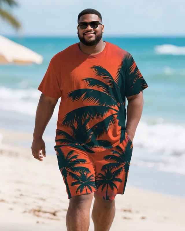 Men's Plus Size Orange Coconut Tree Silhouette Print Round Neck Short Sleeve T-Shirt Shorts Suit sold by Biggmans