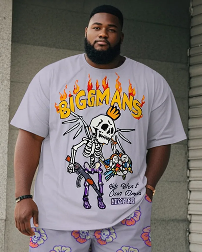Big & Tall Men's Purple Skull Graffiti Flower Print Round Neck Short Sleeve T-Shirt Shorts Suit sold by Biggmans product image thumbnail 2