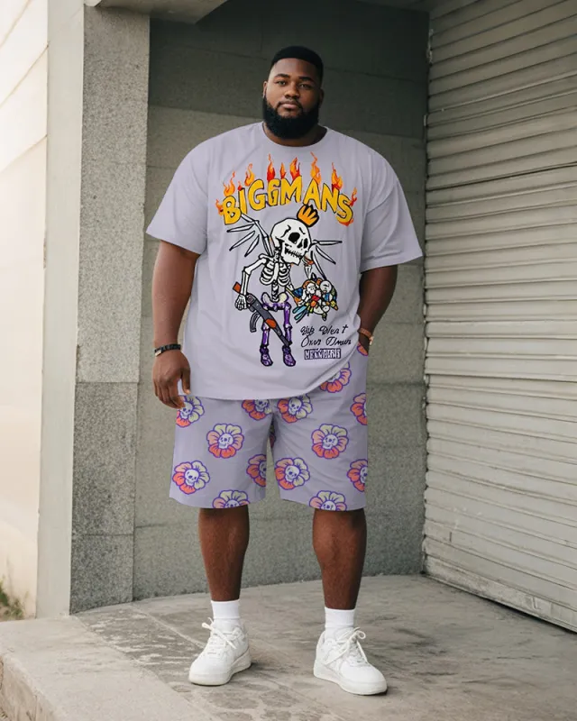 Big & Tall Men's Purple Skull Graffiti Flower Print Round Neck Short Sleeve T-Shirt Shorts Suit sold by Biggmans