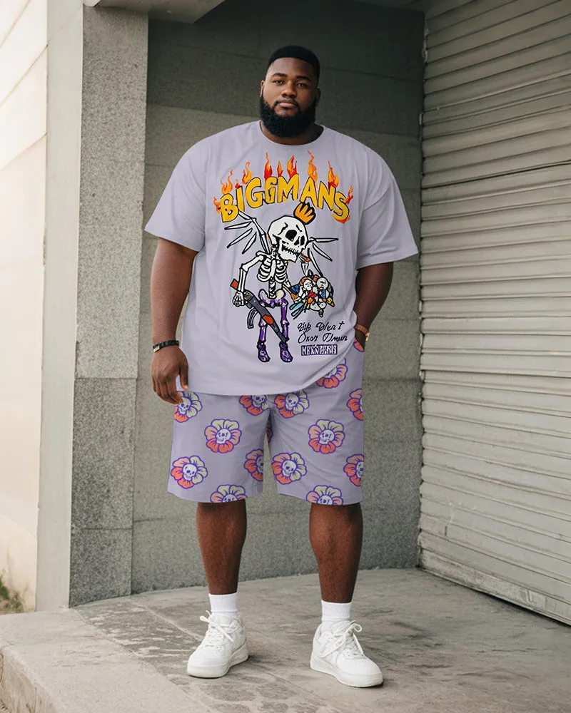 Big & Tall Men's Purple Skull Graffiti Flower Print Round Neck Short Sleeve T-Shirt Shorts Suit sold by Biggmans