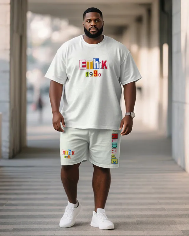 Big & Tall Men's White Minimalist Color Letter Print Crewneck Short-sleeved T-shirt Shorts Suit sold by Biggmans
