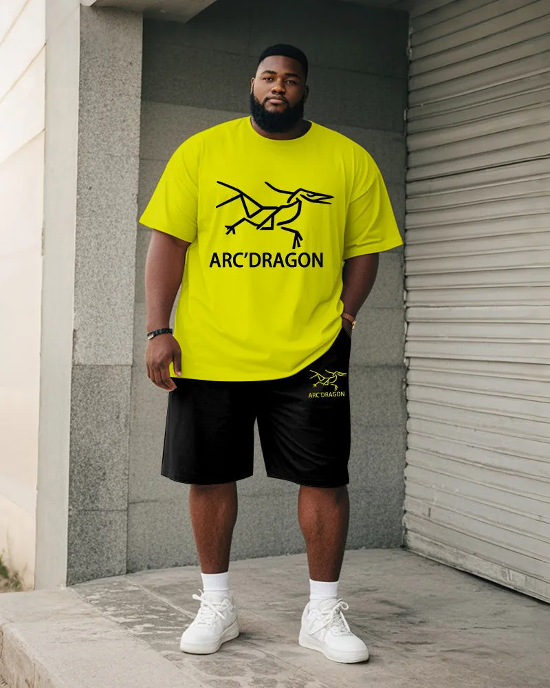 Big & Tall Men's Fluorescent Yellow Line Curved Dragon Printed Round Neck Short Sleeve T-shirt Shorts Suit sold by Biggmans