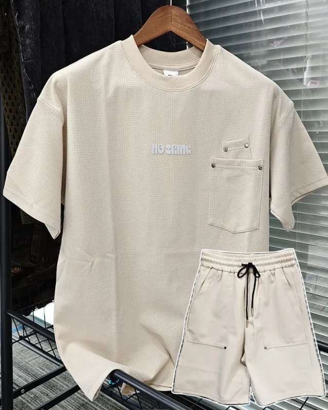 M-3XL Daily Casual Apricot Wafflick Breathable Crewneck Shorts Suit sold by Biggmans