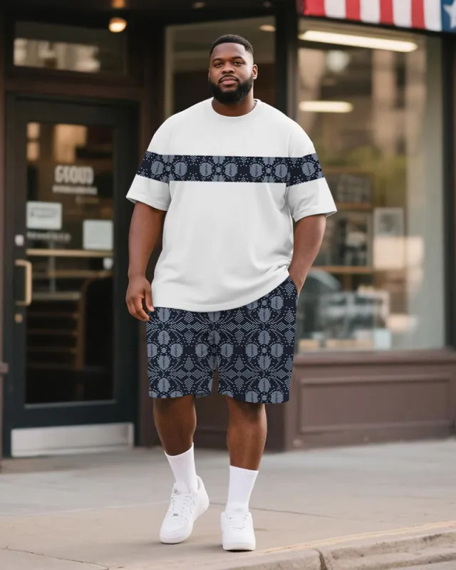 Big & Tall Men's Blue Pattern Diamond Stitching Printed Round Neck Short Sleeve T-shirt Shorts Suit sold by Biggmans