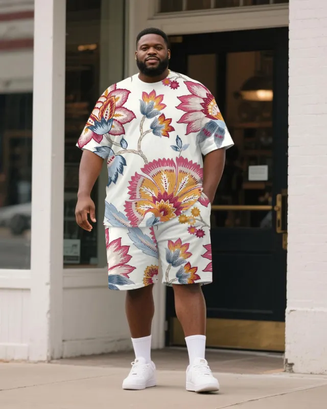Big & Tall Men's White Floral Print Round Neck Short Sleeve T-Shirt Shorts Suit sold by Biggmans