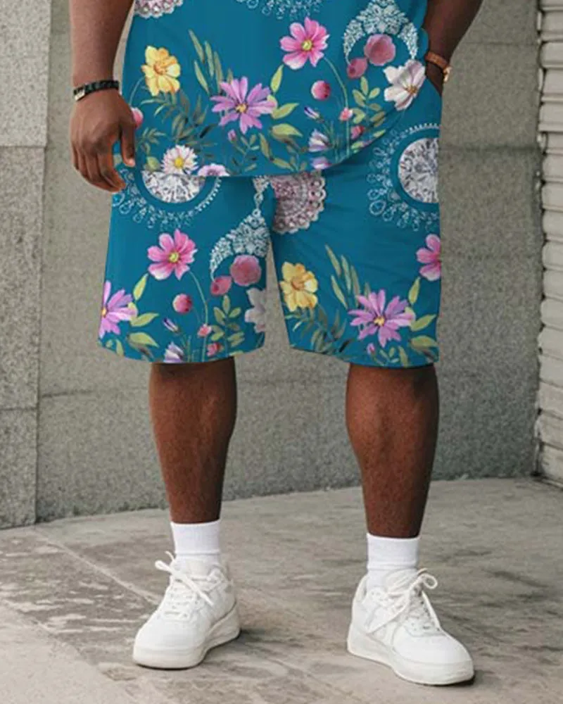 Big & Tall Men's Blue Retro Diamond Floral Print Round Neck Short Sleeve T-Shirt Shorts Suit sold by Biggmans product image thumbnail 3